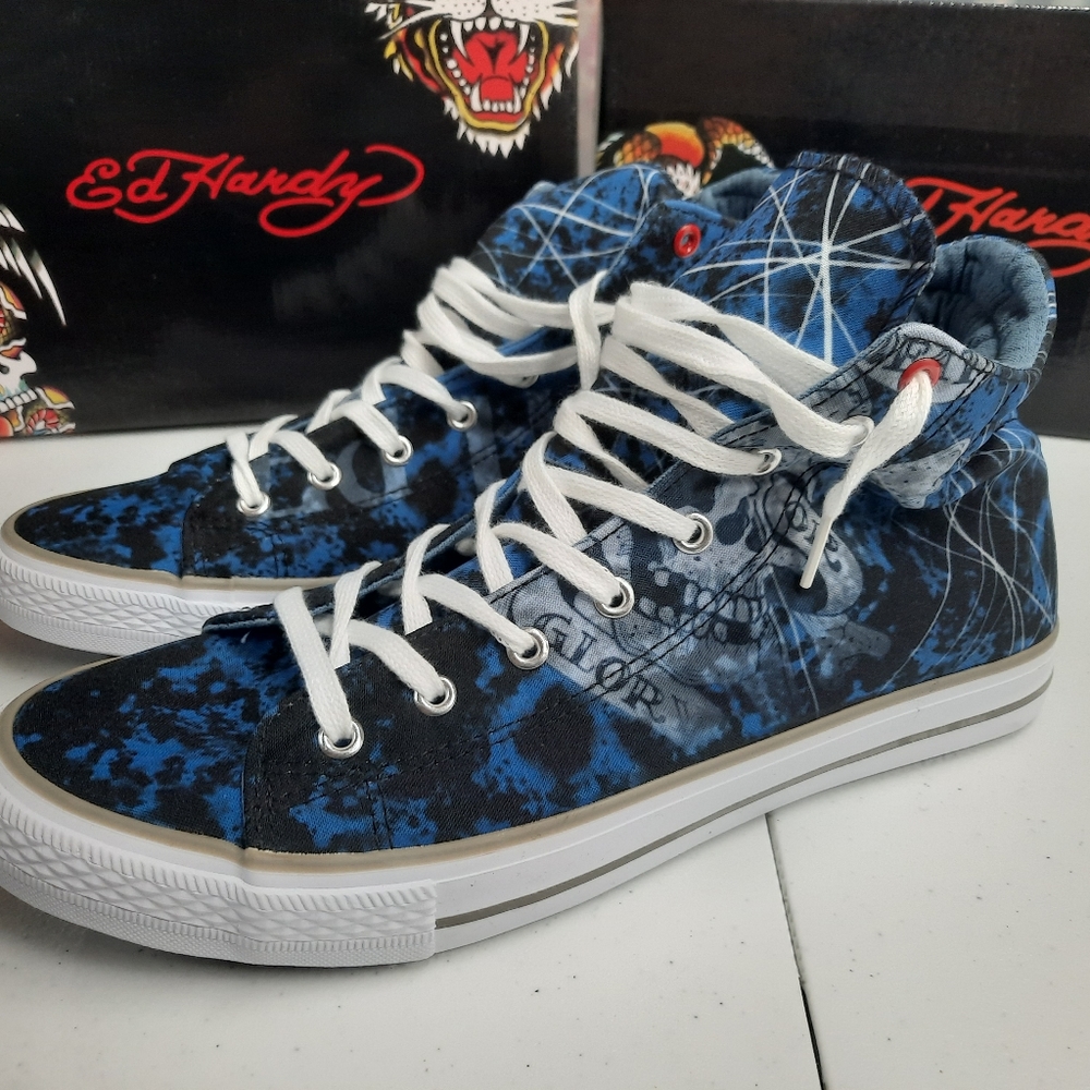 Ed Hardy "Justice" Sneakers Shoes Hi-Top Men's Sz 11 Blue White Art Streetwear